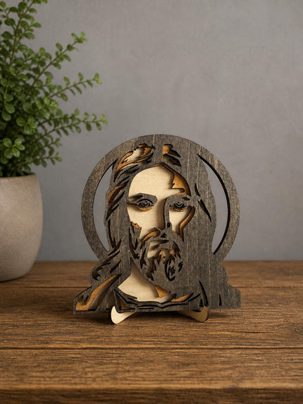 Jesus Face Wooden Wall Art – Layered Christian Decor