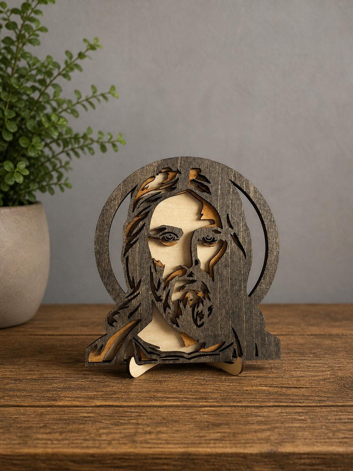 Jesus Face Wooden Wall Art – Layered Christian Decor