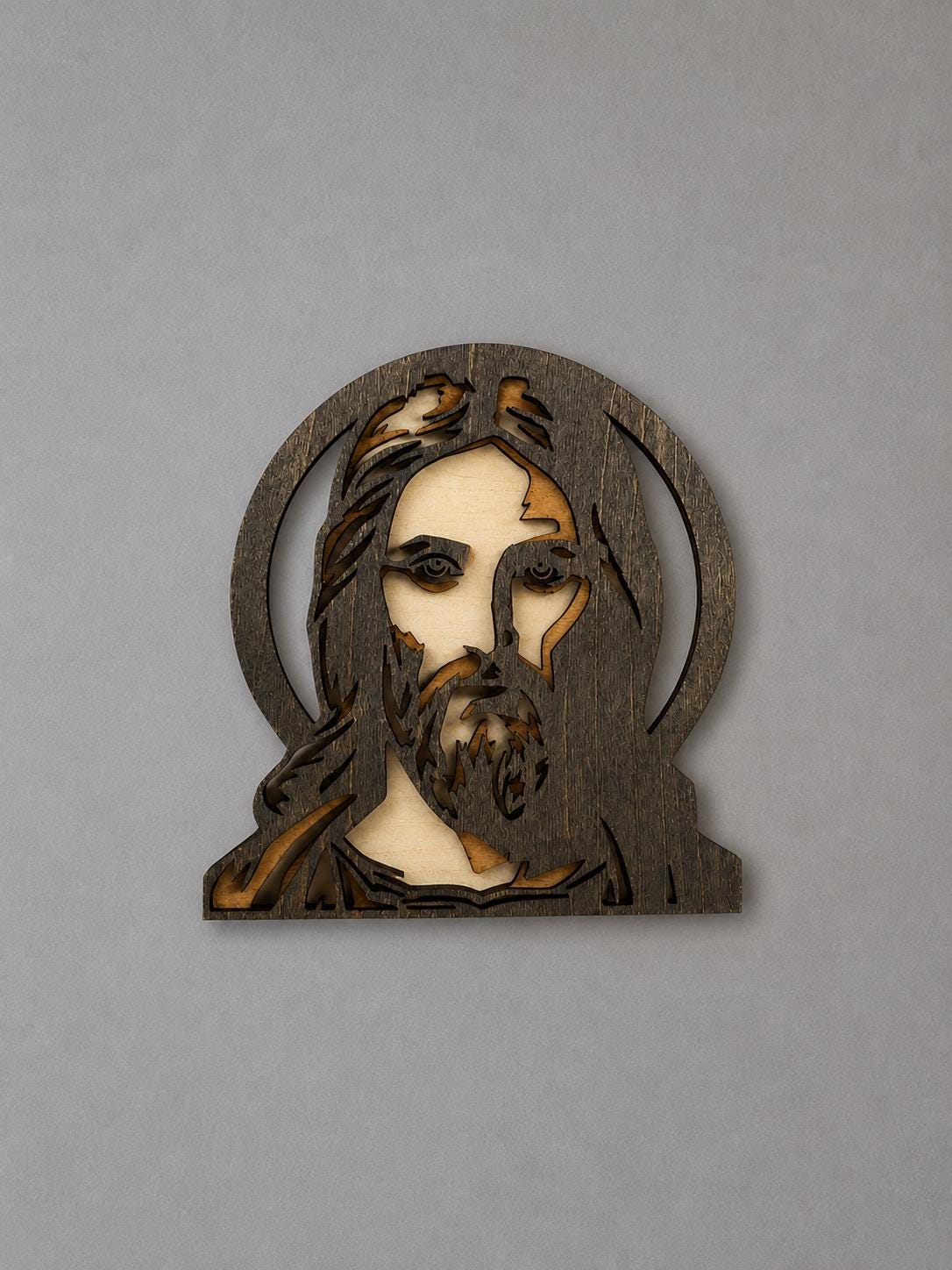 Jesus Face Wooden Wall Art – Layered Christian Decor
