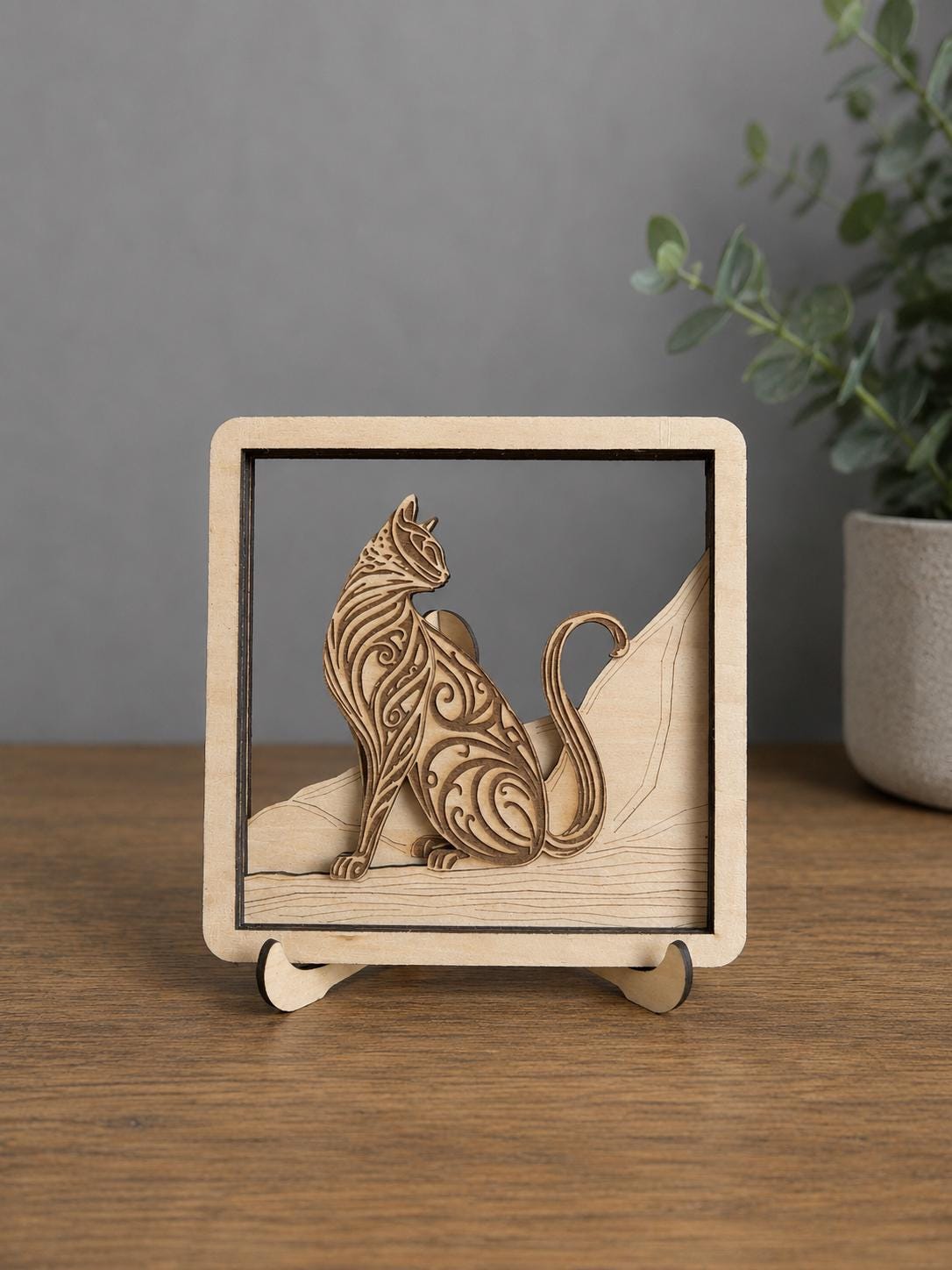 Layered Wooden Cat Decor – 4 Layer Cat Art with Stand
