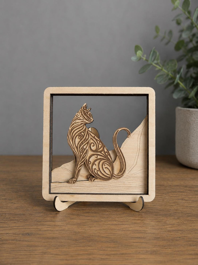 Layered Wooden Cat Decor – 4 Layer Cat Art with Stand