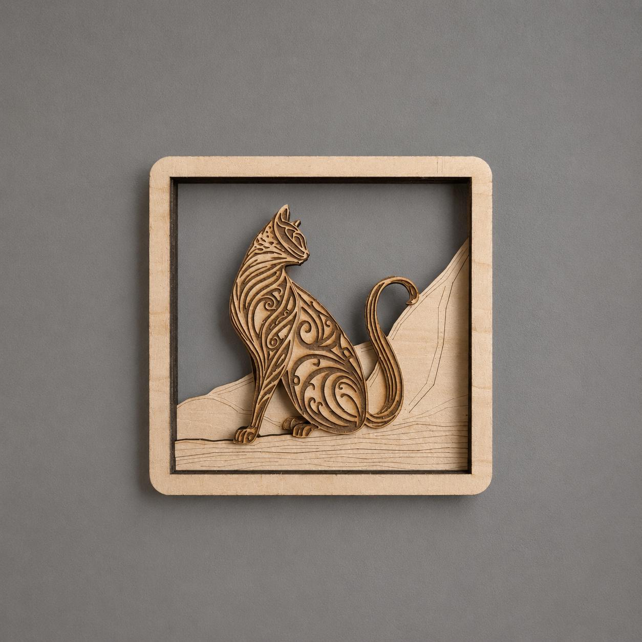 Layered Wooden Cat Decor – 4 Layer Cat Art with Stand