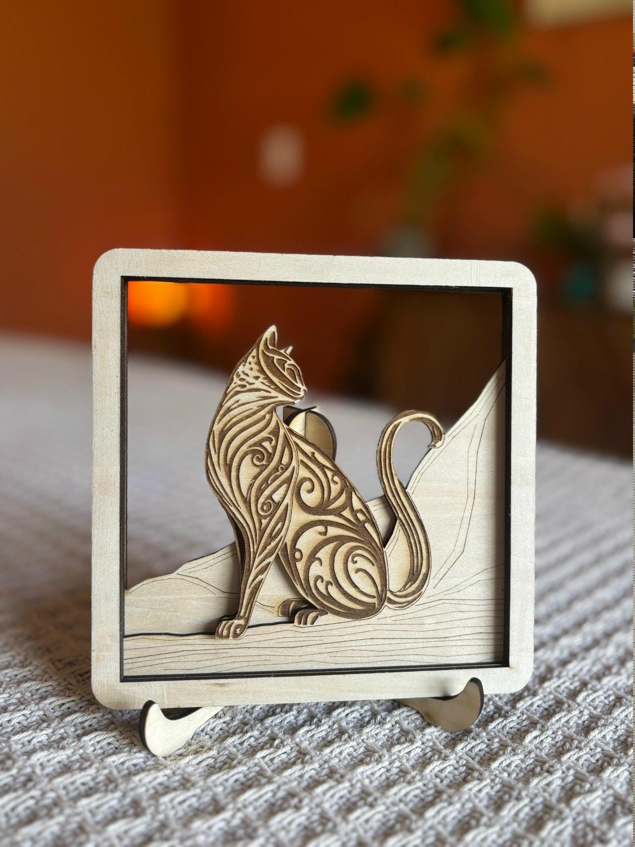 Layered Wooden Cat Decor – 4 Layer Cat Art with Stand