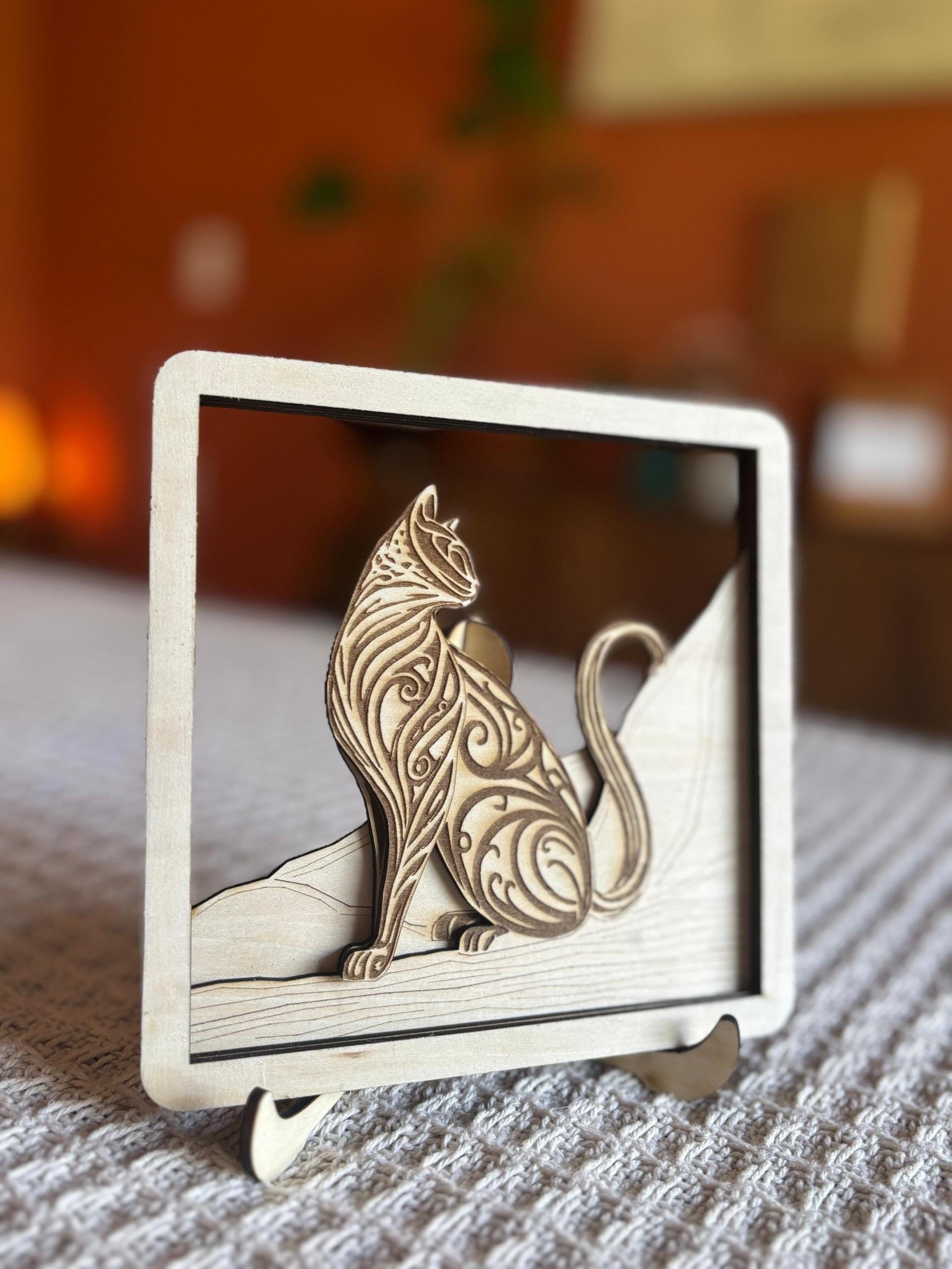 Layered Wooden Cat Decor – 4 Layer Cat Art with Stand