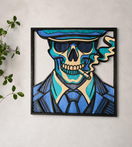Layered Wooden Smoking Skeleton Wall Art – 5 Layer Laser Cut Skull Decor