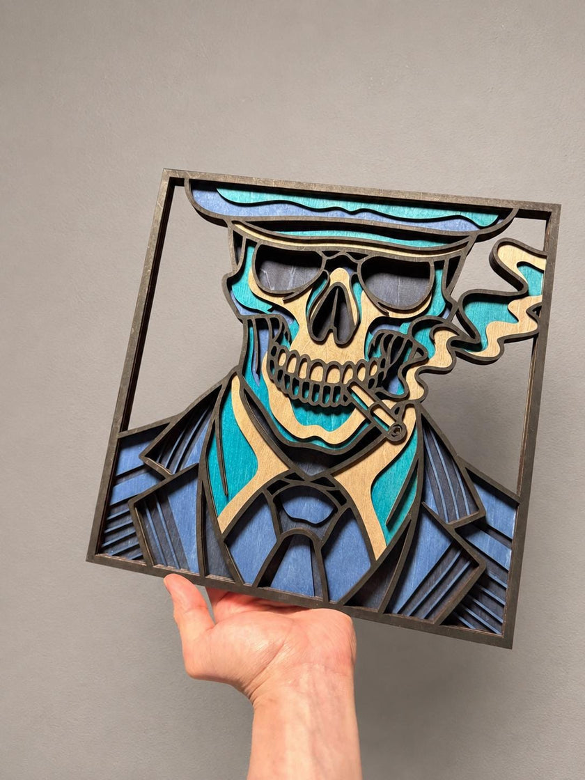 Layered Wooden Smoking Skeleton Wall Art – 5 Layer Laser Cut Skull Decor