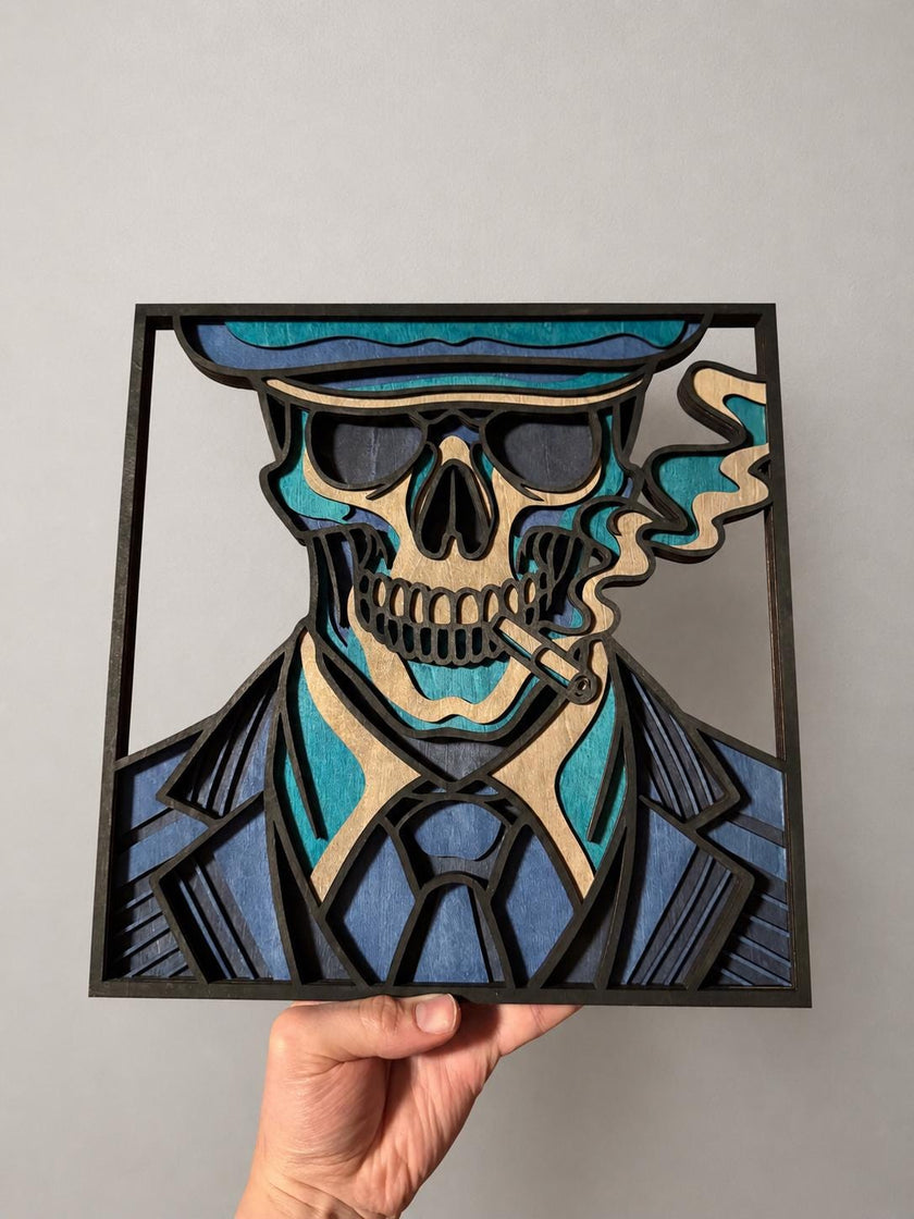 Layered Wooden Smoking Skeleton Wall Art – 5 Layer Laser Cut Skull Decor