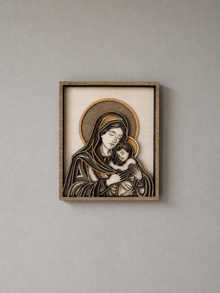 Madonna and Child Wooden Wall Art – Layered Virgin Mary & Baby Jesus Decor
