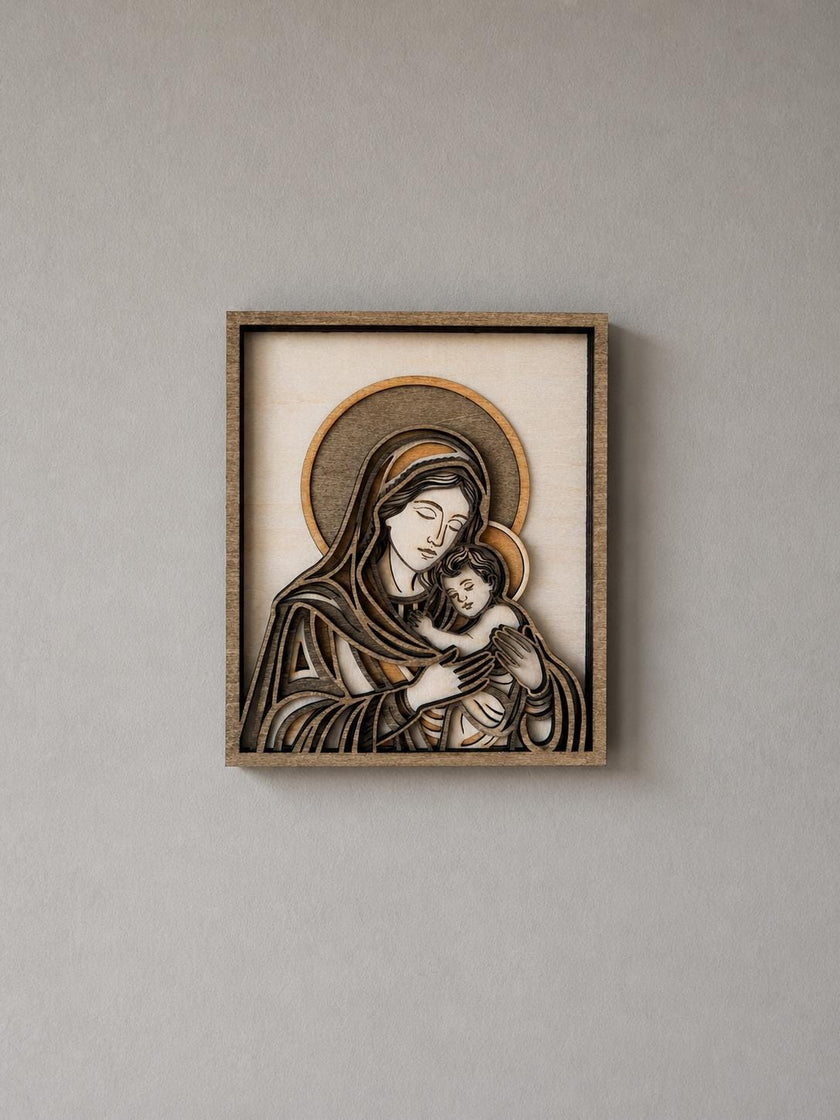 Madonna and Child Wooden Wall Art – Layered Virgin Mary & Baby Jesus Decor