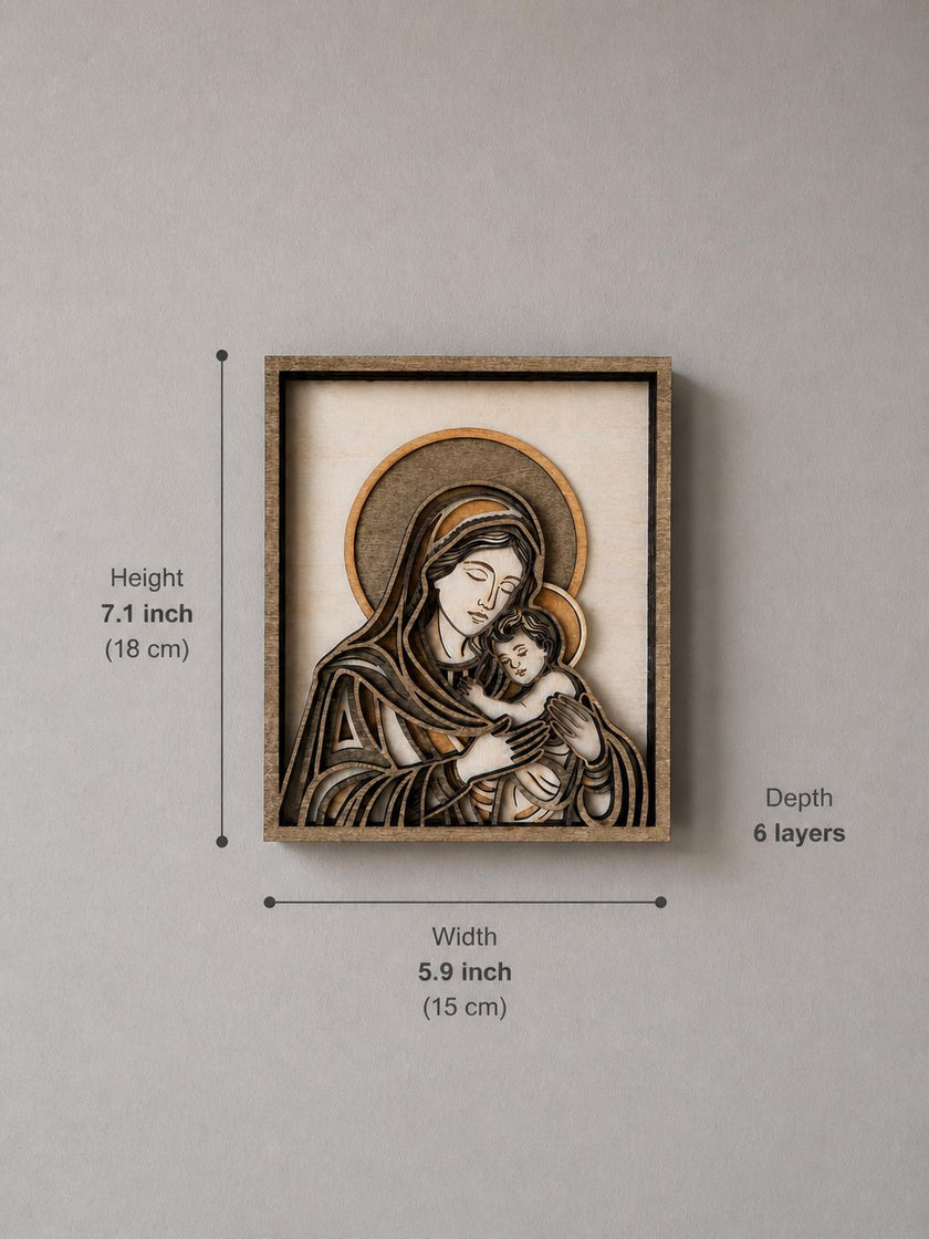 Madonna and Child Wooden Wall Art – Layered Virgin Mary & Baby Jesus Decor