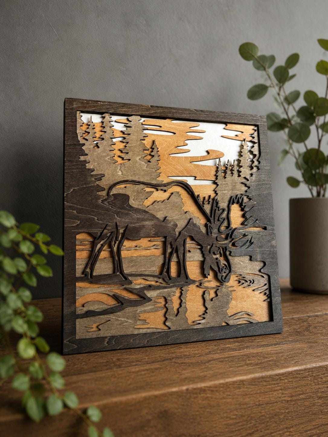 Moose Wall Art Wooden – Layered Wood Decor