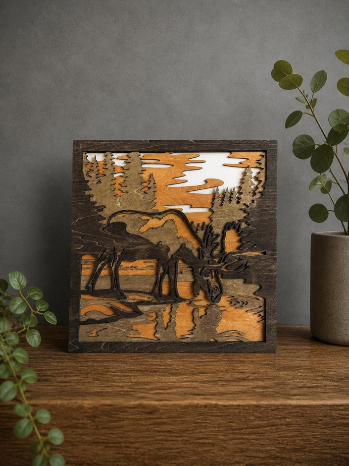 Moose Wall Art Wooden – Layered Wood Decor