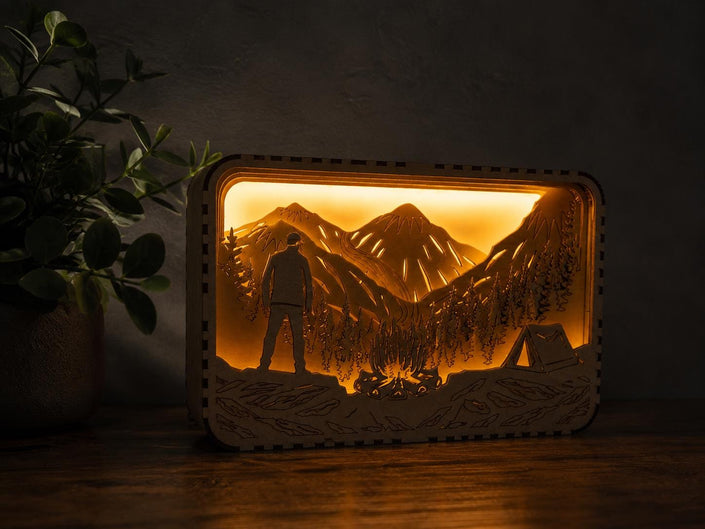 Mountain Camping Light Box – Layered Wooden LED Lamp