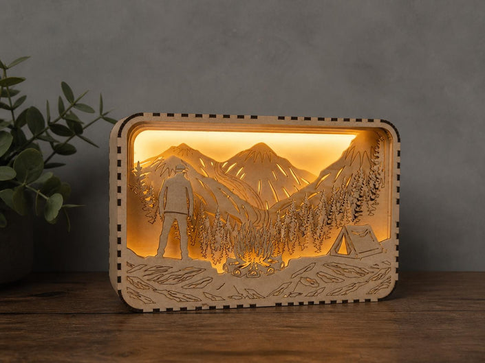 Mountain Camping Light Box – Layered Wooden LED Lamp