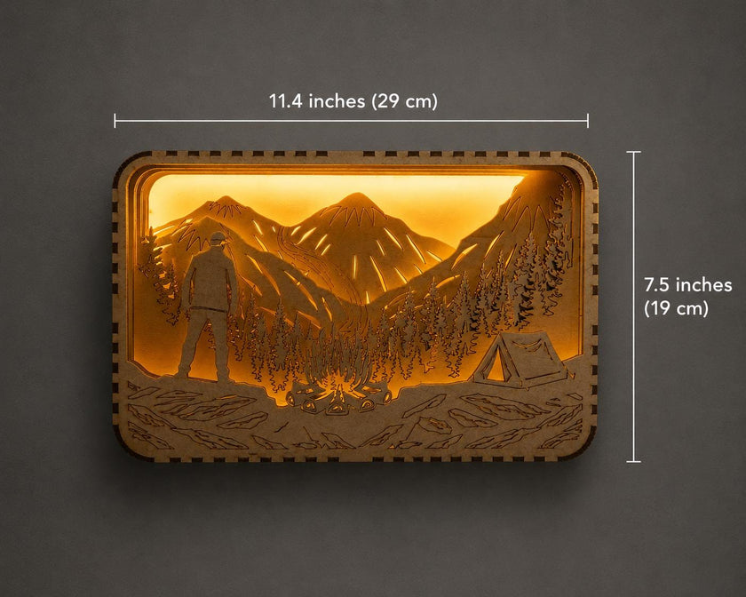 Mountain Camping Light Box – Layered Wooden LED Lamp