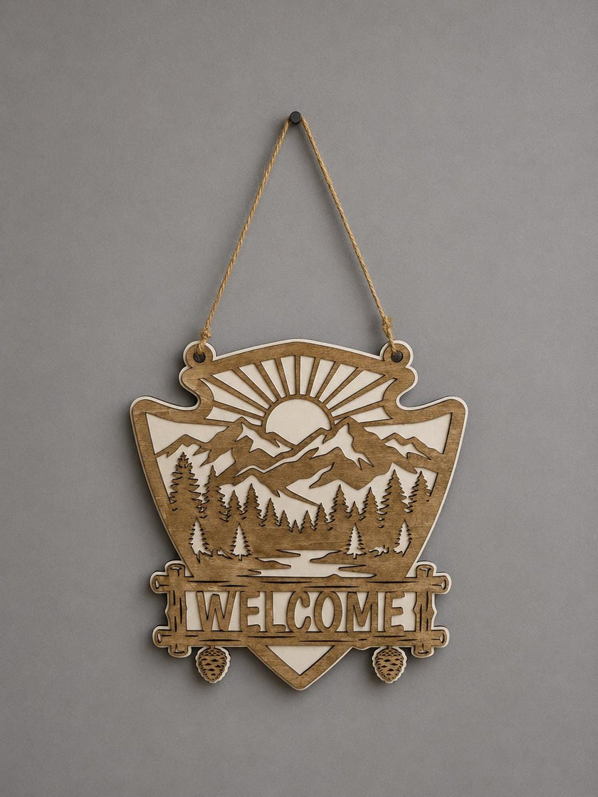 Mountain Welcome Sign – Wooden Door Hanger