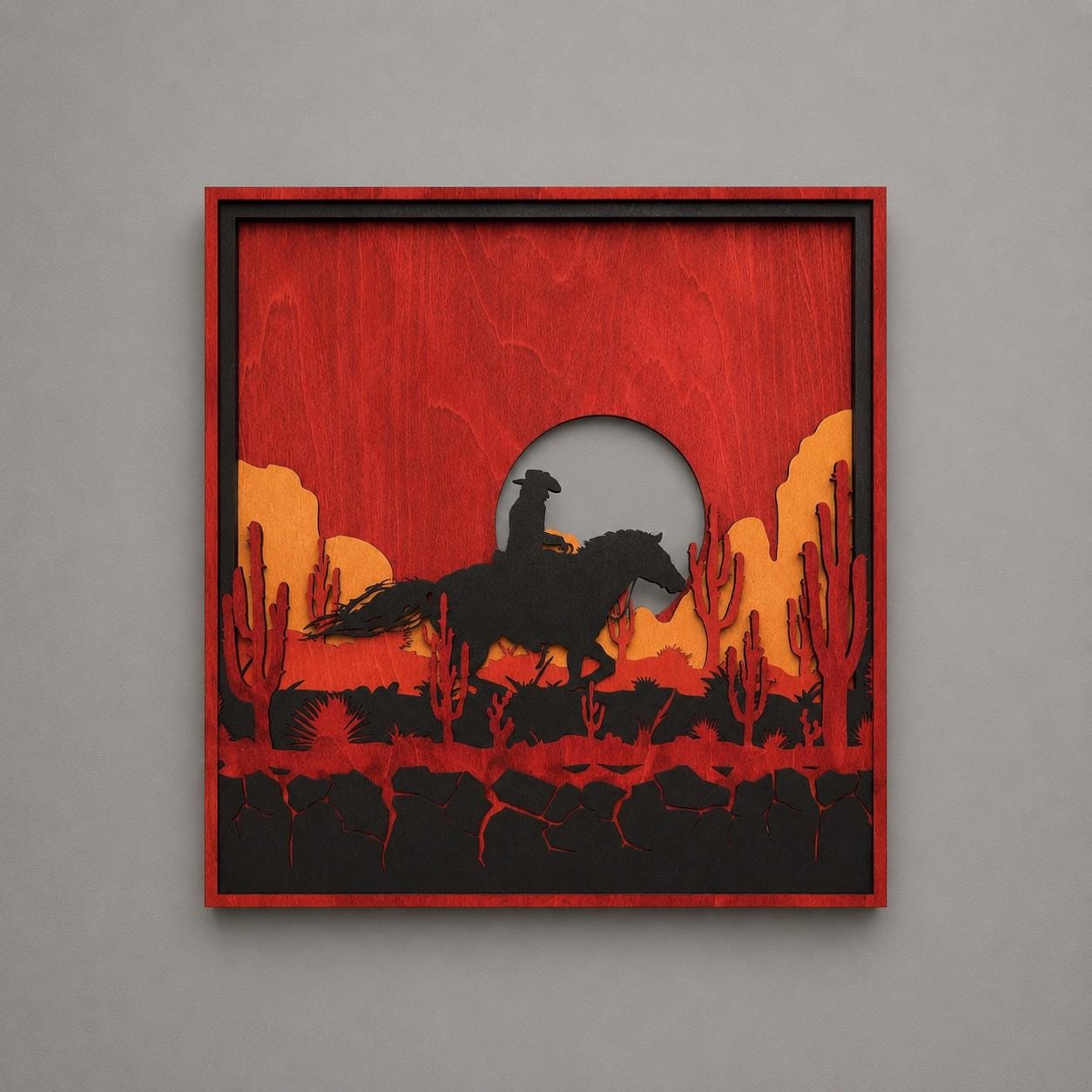 Western Cowboy Layered Wooden Wall Art – Desert Horse Rider Decor