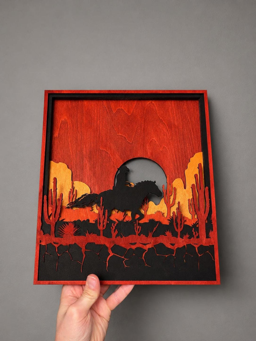 Western Cowboy Layered Wooden Wall Art – Desert Horse Rider Decor